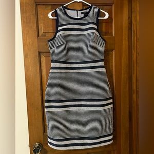 J. Crew Sleeveless Shift Dress Blue White Striped Tweed Blue Trim Dress